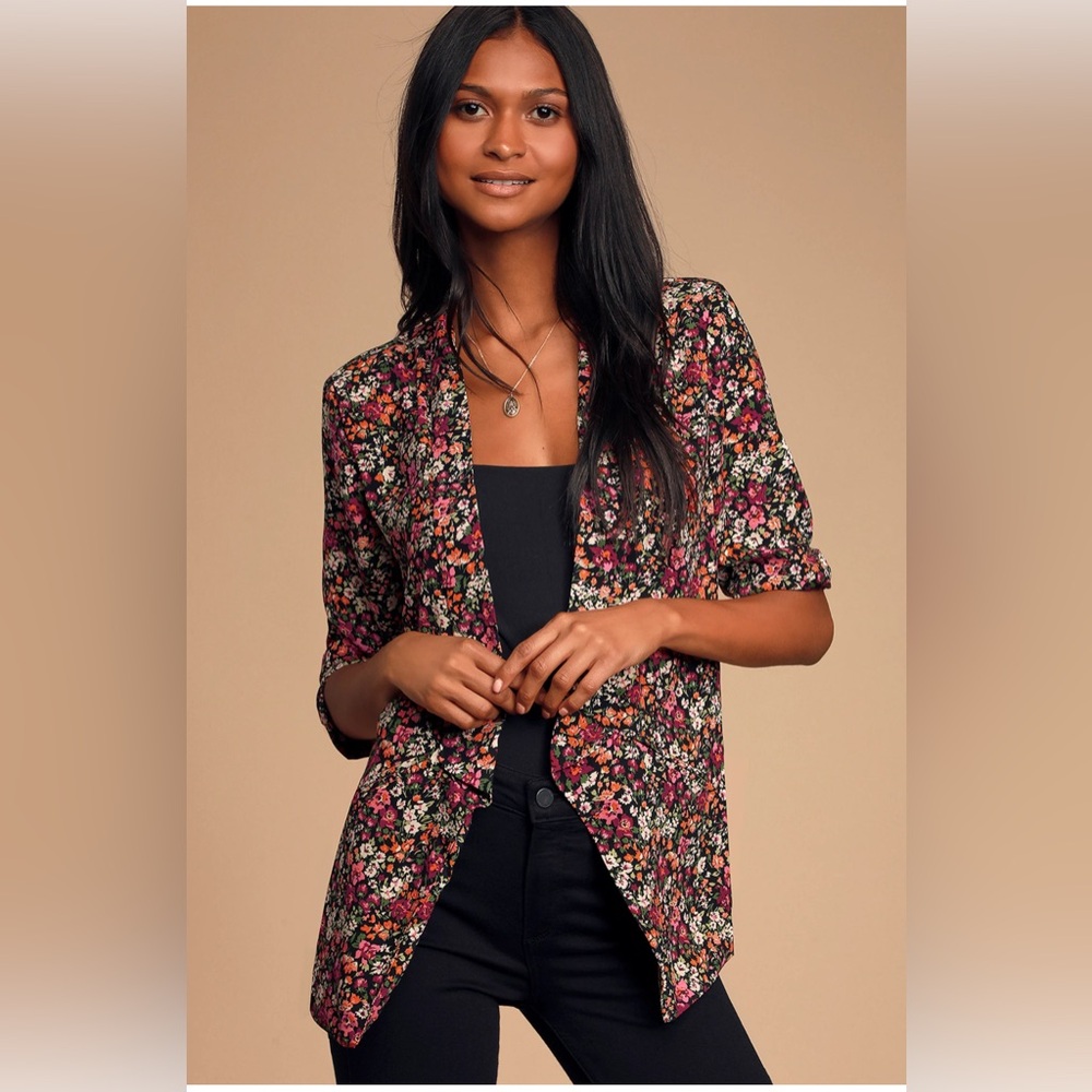 Lulus Miss Punctuality Pink and Black Floral Print Lightweight Blazer